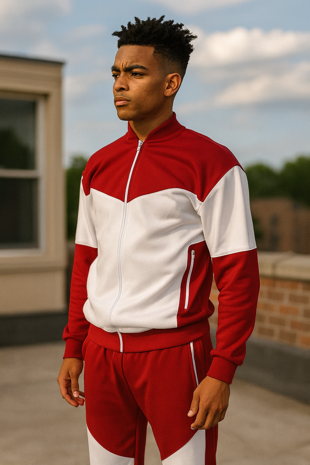 Red/White tracksuit on model